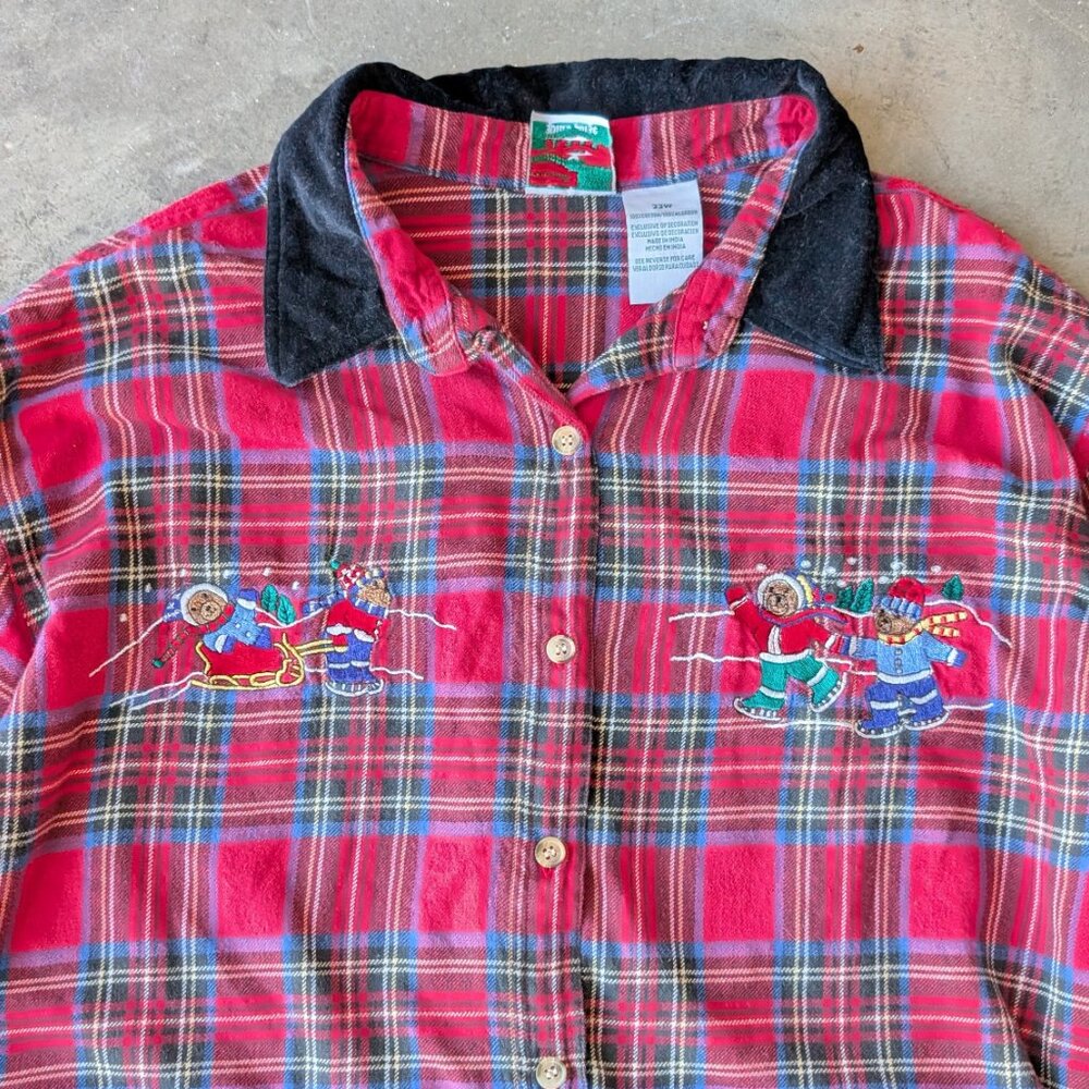 Vintage Nutcracker Red Plaid Velvet Collar Embroidered Bears Shirt size 22W